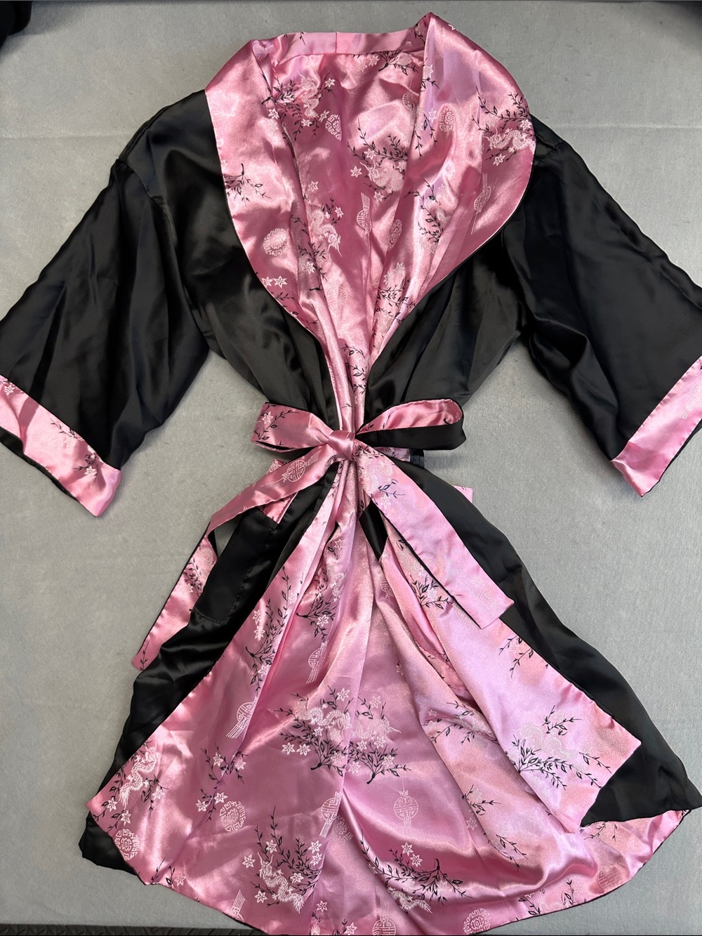 Japanese Floral Satin Reversible Wrap Robe Kimono - Pink and Black embroidery